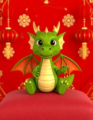 Cartoon dragon, green, cute, sitting, red background, Chinese lanterns