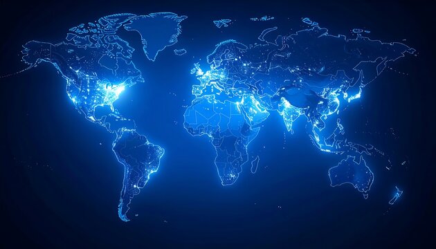 Illuminated world map showing global city lights in a futuristic blue glow