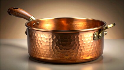 Pot of hammered copper cookware with a wooden handle for cooking.