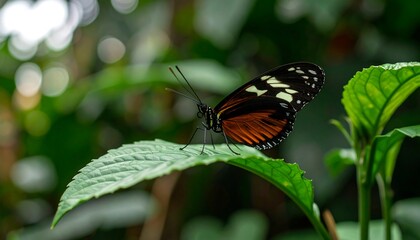 Obraz premium Close-up of butterfly on green leaf. Bokeh background