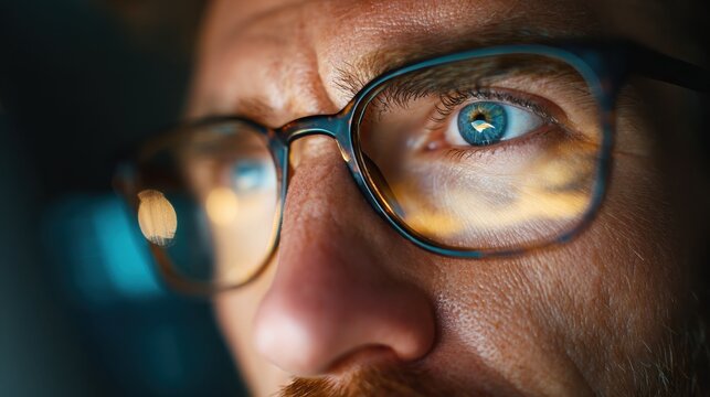 close up view of focused businessman wears computer glasses for reducing eye strain blurred vision looking at pc screen with computer reflection using internet reading watching working online late no - Powered by Adobe