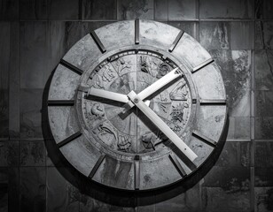 Obraz premium Brutalist Clock with Steel Beam Hands Embedded in Stone Face