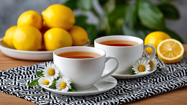 Cups of chamomile tea with lemons and daisies on a tablecloth. - Powered by Adobe