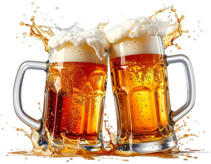  Dynamic Beer Toast, Clinking Mugs, Explosive Splashes, Isolated.