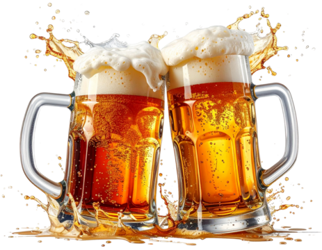  Dynamic Beer Toast, Clinking Mugs, Explosive Splashes, Isolated.