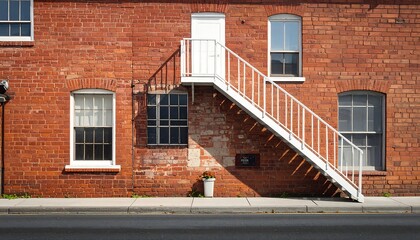 A sun-drenched exterior of a weathered red brick building with a white metal fire escape, casting diagonal shadows on the pavement.