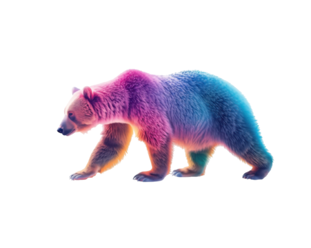 A captivating, vibrant depiction of a bear in mid-stride, showcasing a surreal color palette