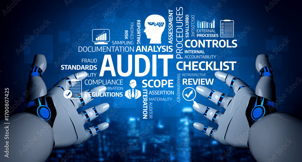Poster a digital concept featuring futuristic robotic hands presenting various terms related to the audit p