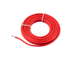 A vibrant red wire coiled on a plain showcasing electrical engineering component detail
