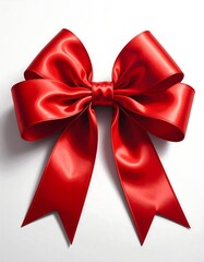 Fototapeta premium A vibrant red satin ribbon bow, elegantly positioned against a plain white background, exudes a celebratory and festive atmosphere.