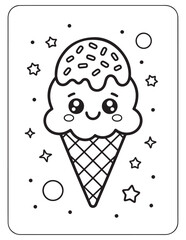 Cute kawaii summer coloring pages, kawaii animals coloring pages, summer, summer coloring page, bold & easy coloring pages, line art, vector illustration, black & white designs, kawaii characters