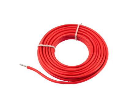 A vibrant red wire coiled on a plain showcasing electrical engineering component detail