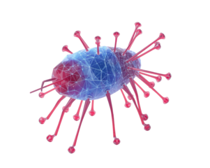 Abstract visualization of a virus cell structure with geometric patterns and spiky proteins