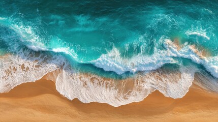 turquoise ocean waves crashing on golden sandy beach aerial view