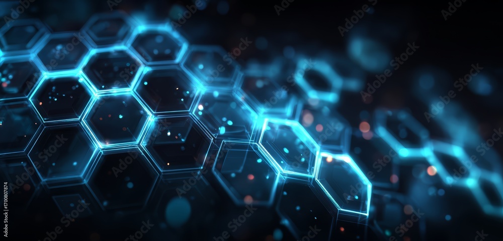 Poster close up of a blue and white hexagonal pattern. the pattern is made up of small squares and circles