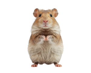 Adorable hamster standing upright with tiny paws clasped, looking curiously at the viewer