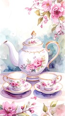 Watercolor illustration of a floral tea set with a teapot and two cups, pink roses, and blooming branches