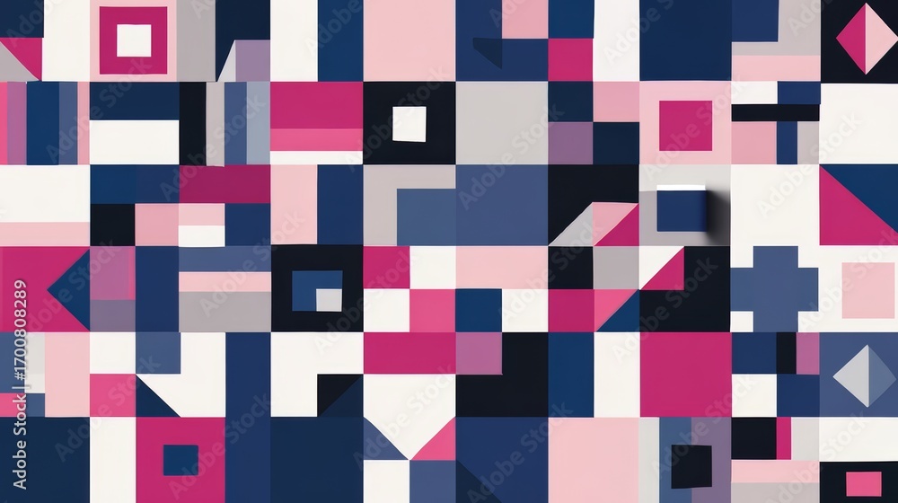 Poster Colorful pattern of squares and rectangles. The squares are pink and blue. The pattern is very busy and colorful