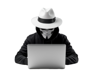 Anonymous Hacker in Fedora Hat Using Laptop for Cyber Crime Activities Online