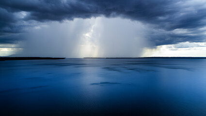Fototapeta premium A dramatic storm approaches over a vast, deep blue body of water, with rain shafts visible in the distance under dark, ominous clouds