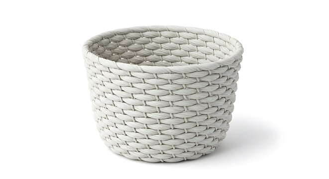 Close-up of a textured white woven basket on a white background