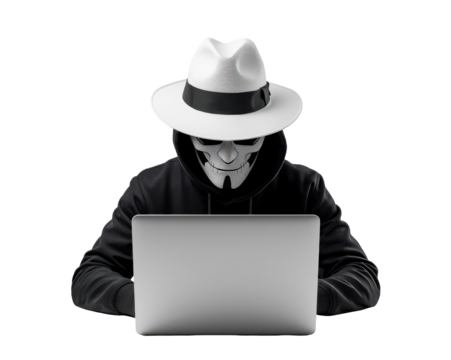 Anonymous Hacker in Fedora Hat Using Laptop for Cyber Crime Activities Online