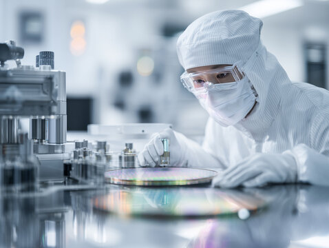 Man Holding Silicon Wafer for Quality Control in Clean Room