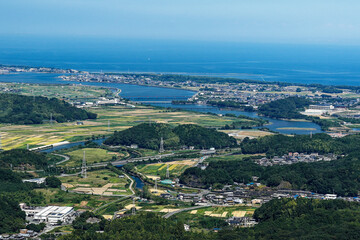 Obraz premium Panoramic View of Farmland, River and Ocean from Ise Shima Skyline, Japan