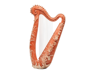 Artistic harp with an orange hue and intricate flower carvings, creating a visually stunning musical instrument