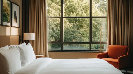 Fototapeta premium Cozy hotel room with nature view in the afternoon