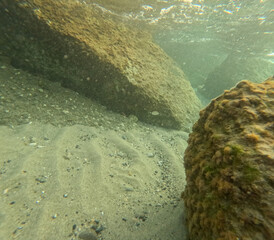 Underwater rocks photographed during a dive in the Mediterranean Sea