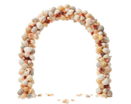 Captivating archway crafted from seashells and delicate roses for a unique and elegant design