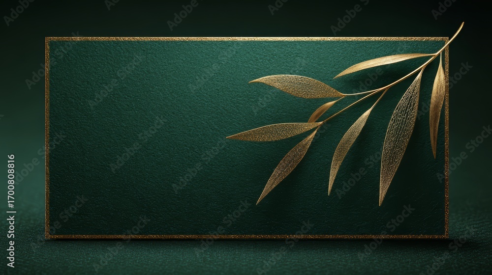 Poster green card with gold leaf design on it. the card is rectangular in shape and has a gold leaf design 