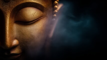 Gold statue of a face with a serene expression. The face is surrounded by a dark background