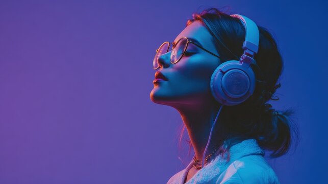 hipster igen teen pretty fashion girl model wear stylish glasses headphones enjoy listen new cool music mix stand at purple studio background in trendy 80s 90s club blue party light profile view no l