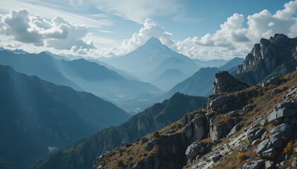 Majestic mountain range bathed in soft sunlight, with layers of blue peaks fading into the distance under a cloudy sky
