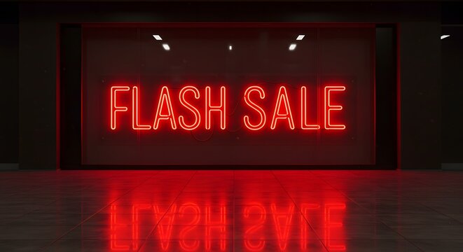Neon sign displaying "Flash Sale" in red light on reflective surface