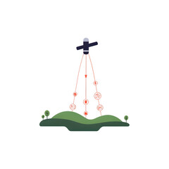 Satellite transmitting data over a green landscape with interconnected icons representing technology and information.