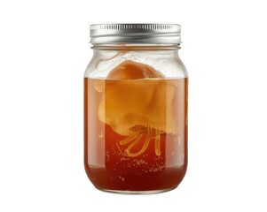 Close Up of Fermented Kombucha Tea Culture with SCOBY in Glass Jar Beverage Preparation