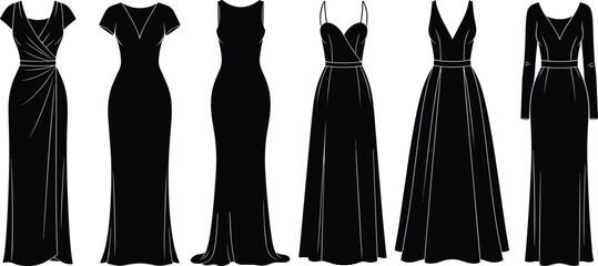 Elegant Black Evening Gown Silhouettes – Six Unique Formal Dress Designs Showcasing Fashion Diversity, Style Comparison, and Vector Illustration Art