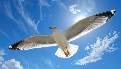 Fototapeta premium A soaring seagull, wings outstretched against a vibrant blue sky dotted with fluffy white clouds, conveys a sense of freedom and the vastness of nature.