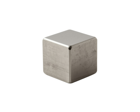 Close up of a metallic cube with rounded edges and a smooth surface against pure simplicity