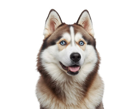 Close up portrait of a charming husky with bright blue eyes looking directly at the viewer