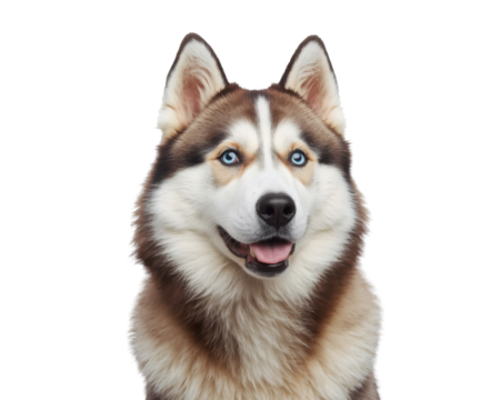 Close up portrait of a charming husky with bright blue eyes looking directly at the viewer