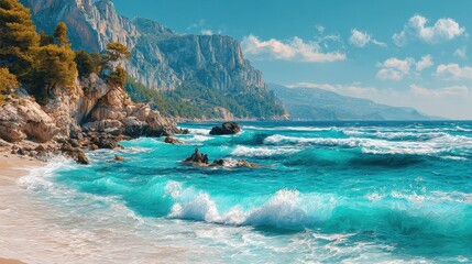 coastal panorama turquoise sea waves crashing on sandy beach against rocky cliffs and mountains