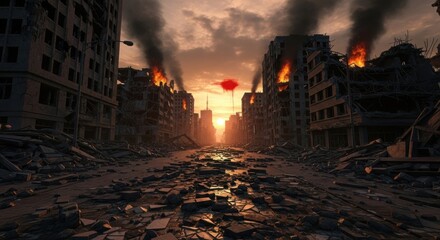 Apocalyptic cityscape with burning buildings and debris under a sunset sky