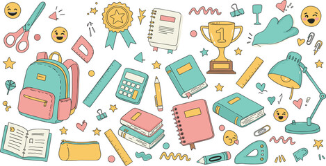 Back to school illustration, cartoon stationery set, educational supplies, pastel colors, doodle icons, learning tools, vector design, classroom art