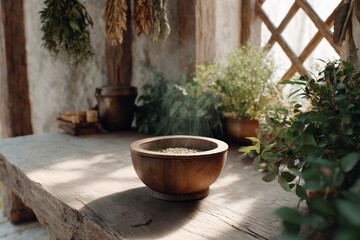 Steaming wooden bowl on rustic table, surrounded by herbs and plants. Natural aromatherapy for wellness and relaxation.