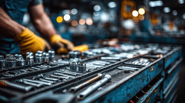 Mechanic in gloves looking at tools in toolbox at auto repair shop in the evening, with bokeh lighting reflecting from metal tools and surfaces