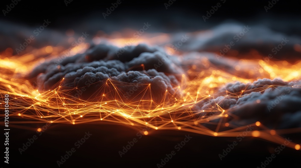 Poster abstract cloud computing network visualization with glowing orange connections